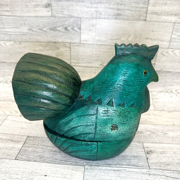 Hand Carved Hand Painted 2 Piece Green Wooden Rooster Trinket Box - Picture 6 of 11